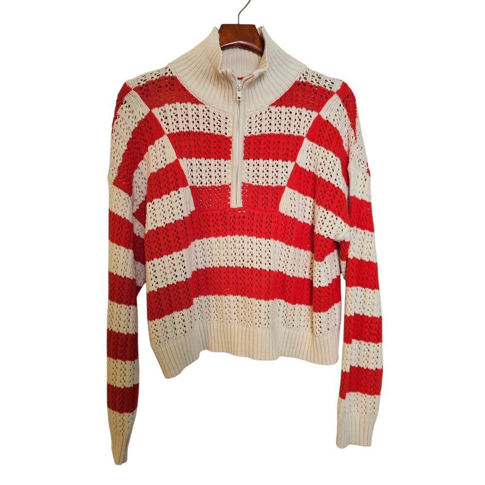 A New Day Orange & Cream Boho Crochet Striped Cropped Sweater - Picture 2 of 7